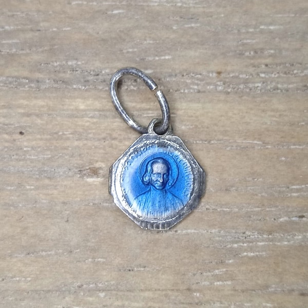 Religious pendant Saint John Vianney - Curé d'Ars - Blessed Virgin Mary - Antique Enamel medal - Catholic jewellery - Christian accessory