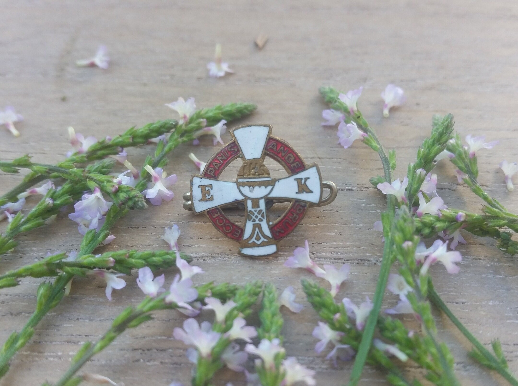 First Communion Brooch Communion Cross Brooch – Ecce Panis Angelorum - Eucharist Religious Pin ...