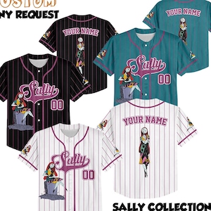 May include: Baseball jerseys in black, teal, and white with vertical stripes. Each jersey features the name "Sally" and the number "00". The text "CUSTOM ANY REQUEST" and "SALLY COLLECTION KID/YOUTH/ADULT" are also visible.