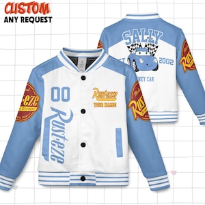 May include: A white and light blue varsity jacket with the text "Rusteze" and "00" on the front. The back of the jacket features a cartoon car and the name "Sally". The jacket has black buttons and red and yellow patches.