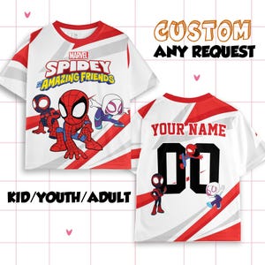 May include: White t-shirt with red detailing, showcasing Marvel's Spidey and His Amazing Friends. The front features the logo and characters, the back has space for a name and number. Text on the shirt reads "CUSTOM ANY REQUEST" and "KID/YOUTH/ADULT".
