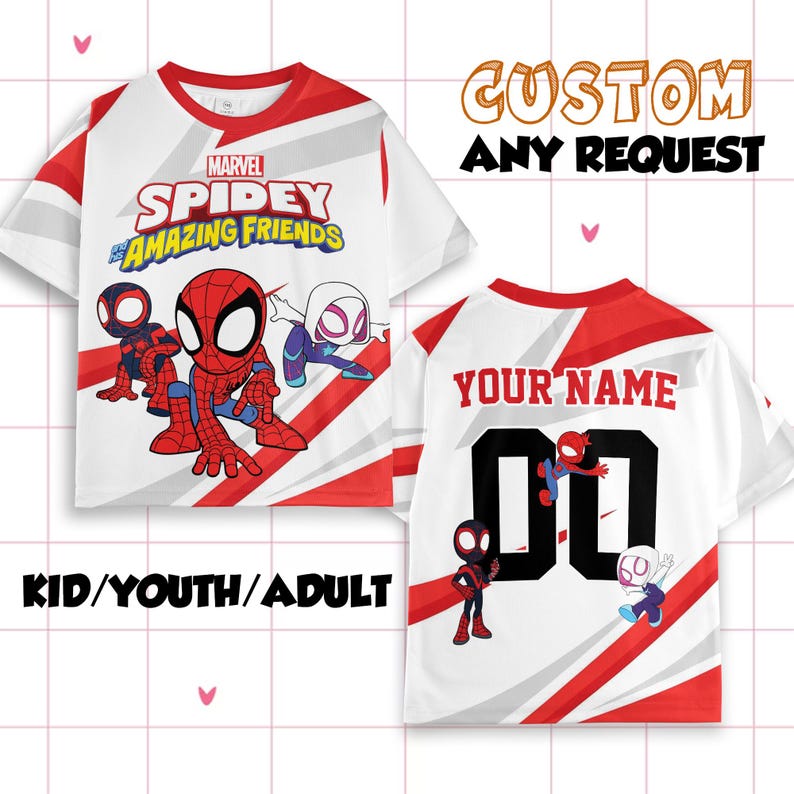 May include: White t-shirt with red detailing, showcasing Marvel's Spidey and His Amazing Friends. The front features the logo and characters, the back has space for a name and number. Text on the shirt reads "CUSTOM ANY REQUEST" and "KID/YOUTH/ADULT".