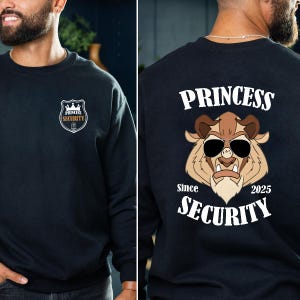 Maglietta personalizzata &quot;Daddy Est Year Princess Security&quot; bifacciale, La bella e la bestia, coordinata padre/figlia, regalo per la festa del papà per neo-papà