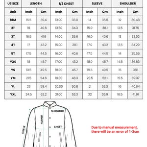 May include: Detailed size chart for an all-over print kids and youth baseball jacket. Includes measurements in inches and centimeters for length, chest, sleeve, and shoulder. Sizes range from 18M to YXL. A diagram illustrates jacket measurements.