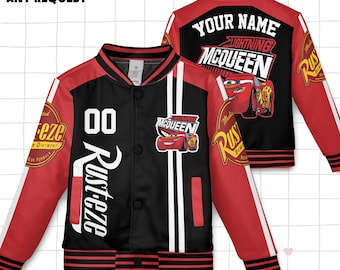 Giacca universitaria personalizzata Cars McQueen Champion, giacca universitaria per adulti, giacca personalizzata Disney, completo da squadra di baseball, uniforme universitaria Disney