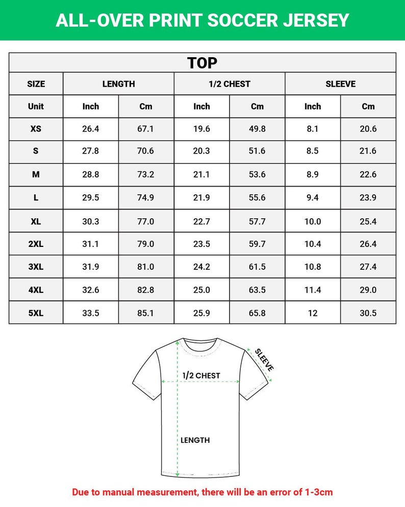 May include: A size chart for an all-over print soccer jersey, with measurements in inches and centimetres. The chart includes sizes XS to 5XL, detailing length, half chest, and sleeve dimensions. The text at the bottom states that there will be an error of 1-3cm due to manual measurement.