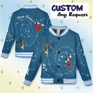 May include: Blue bomber jacket with white and light blue striped trim. Features a cartoon design with Mickey Mouse and other magical elements. The text "Your Name" and "CUSTOM Any Request" are visible.