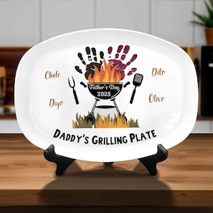 Personalized Daddy&#39;s Grilling Platter, Handprint BBQ Plate, Father&#39;s Day 2025 Gift, Custom Kids Names, Personalized Grill Plate for Dad