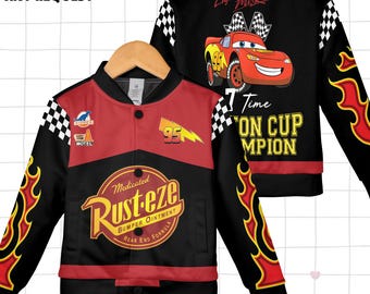 Vintage Lightning Mcqueen 95 Fleece Bomber Jacket, Rust-Eze Cars Piston Cup Champion Racing Jacket, Radiator Springs, Disneyland Family Trip