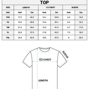 May include: A diagram of a white youth soccer jersey with size measurements in inches and centimetres. The chart shows length, half chest, and sleeve measurements for sizes YXS to YXL. The text "ALL-OVER PRINT YOUTH SOCCER JERSEY" is at the top.
