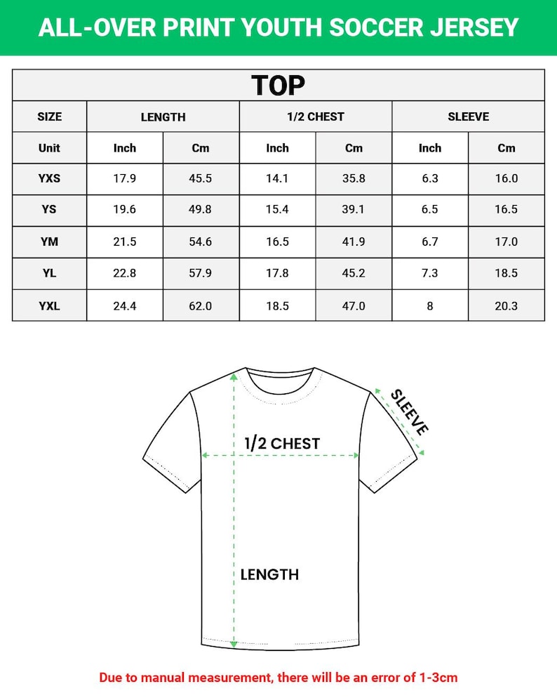 May include: A diagram of a white youth soccer jersey with size measurements in inches and centimetres. The chart shows length, half chest, and sleeve measurements for sizes YXS to YXL. The text "ALL-OVER PRINT YOUTH SOCCER JERSEY" is at the top.