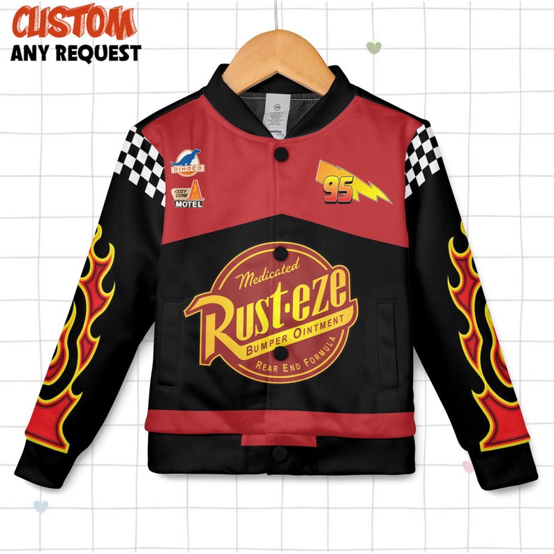 May include: A black, red, and yellow bomber jacket with the text "CUSTOM ANY REQUEST" at the top. The jacket features a "Rust-eze" logo, the number "95", and flame designs on the sleeves. Checkered flag details are on the shoulders.