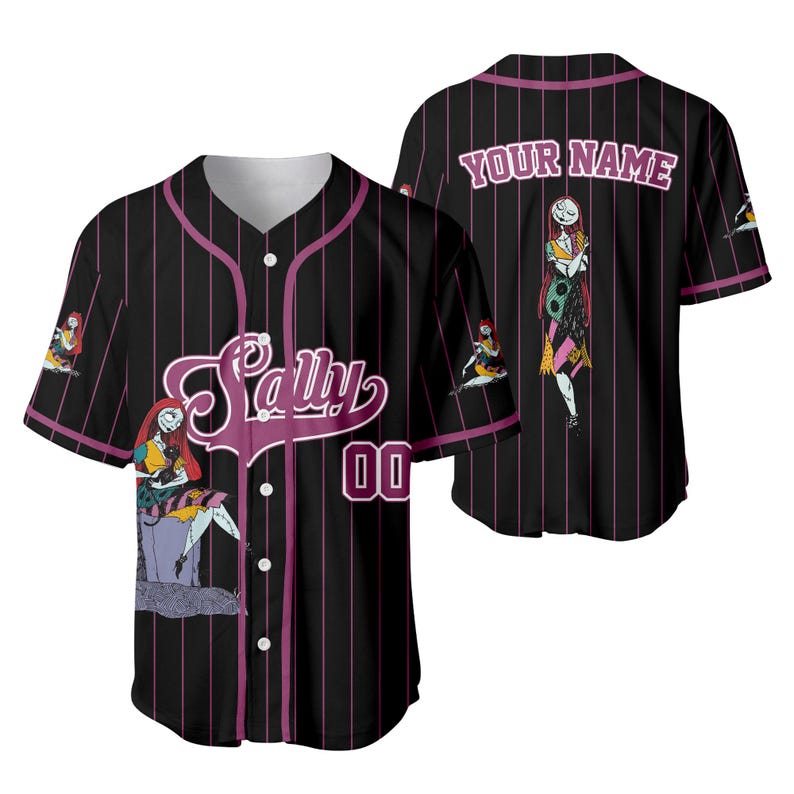 May include: Black baseball jersey with pink pinstripes and the name "Sally" in a script font. The jersey features a cartoon character graphic and the number "00". The back of the jersey has the text "YOUR NAME" and a character graphic.