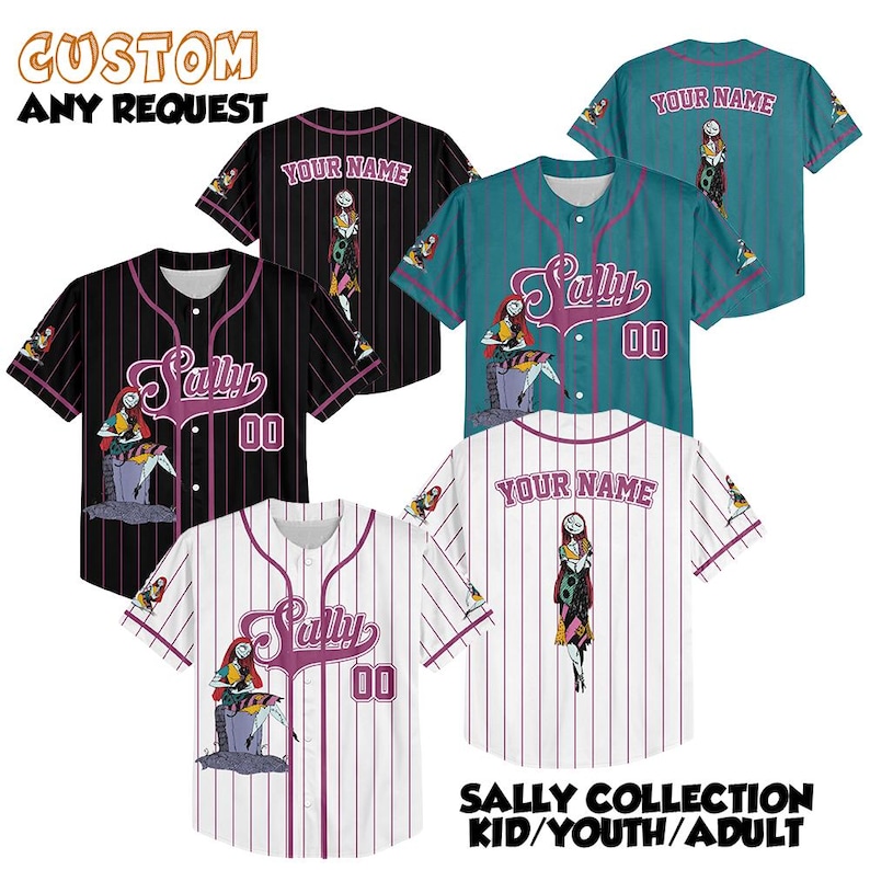 May include: Baseball jerseys in black, teal, and white with vertical stripes. Each jersey features the name "Sally" and the number "00". The text "CUSTOM ANY REQUEST" and "SALLY COLLECTION KID/YOUTH/ADULT" are also visible.