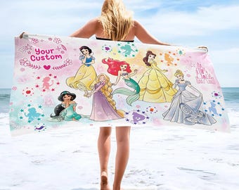 Custom Disney Princess Beach Towel, Custom Name Princess Towel, Birthday Girl Summer Vacation Gift, Bath Pool, Summer Vacation