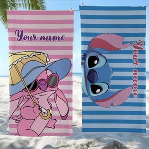 May include: Two beach towels with cartoon characters. One pink towel features a pink character wearing sunglasses and a hat, holding a yellow umbrella. The other blue towel has a blue character. Both towels have the text "Your name".
