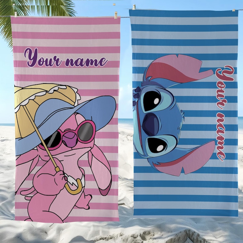 May include: Two beach towels with cartoon characters. One pink towel features a pink character wearing sunglasses and a hat, holding a yellow umbrella. The other blue towel has a blue character. Both towels have the text "Your name".