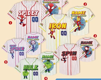Custom Spidey and his Amazing Friend Jersey, Kid Adult Spiderman Hulk Iron man Baseball Jersey, Gift for Spider Fan, Spider Man Birthday