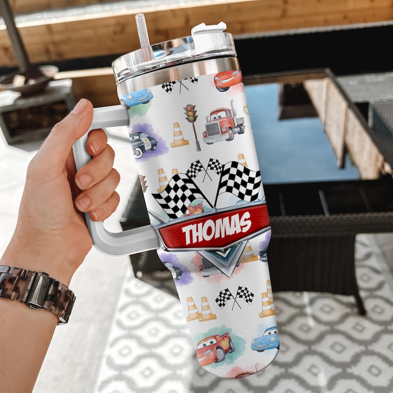 Custom Disney Cars Lightning McQueen Tumbler, Lightning McQueen 40oz Tumbler, Tow Mater Tumbler With Handle, Cars Stainless Steel Tumbler image 1