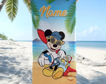 Aangepaste Disney-strandlaken, gepersonaliseerde Mickey Mouse-handdoek, zomervakantiecadeau, leuke klassieke cartoon geïnspireerd zwembadstrandaccessoire