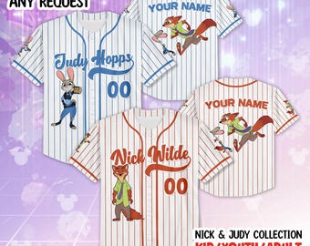 Personalize Judy Hopps and Nick Wilde Baseball Jersey, Custom Zootopia 2 Valentine‘s Day Jersey Shirt, Disney Couple Gift