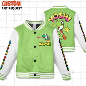 May include: A green and white varsity jacket with a Yoshi cartoon design and the word "NAME". The jacket has black buttons and the text "CUSTOM ANY REQUEST" at the top.