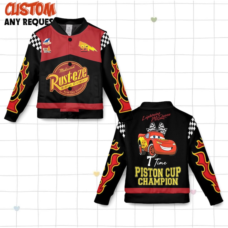 May include: Black and red bomber jacket with flame designs on the sleeves. The front features the text "Rusteze" and the number "95". The back displays a cartoon car and the text "7 Time Piston Cup Champion".