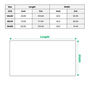 May include: A white beach towel with size and measurement details. The text "BEACH TOWEL" is at the top. Dimensions are provided in inches and centimeters, including 24x42 (42 inches long, 24 inches wide), 35x70, and 36x60.