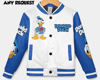 Custom Disney Donald Duck-honkbaljack, Disney Donald Duck Varsity, bijpassende outfit honkbalteam Disneyland, verjaardagscadeau
