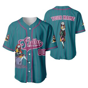 May include: Teal baseball jersey with vertical stripes and pink accents. Features the name "Sally" in a script font, the number "00", and an illustration of a character. The back has the text "YOUR NAME" and a character illustration.