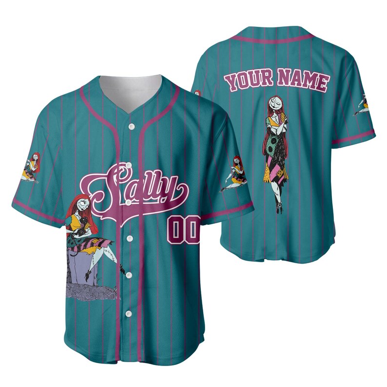 May include: Teal baseball jersey with vertical stripes and pink accents. Features the name "Sally" in a script font, the number "00", and an illustration of a character. The back has the text "YOUR NAME" and a character illustration.
