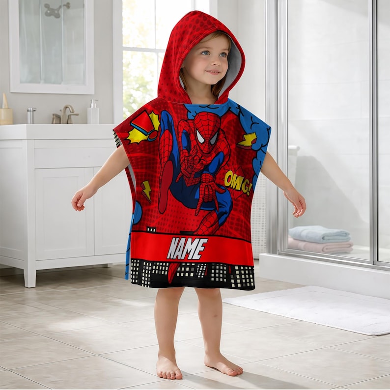 Personalized Spider Man Kid Hooded Towel,Custom Name Beach Towel for Boys & Girls,Cute Superhero Bath Poncho,Kids Pool Gift,Summer Essential image 1
