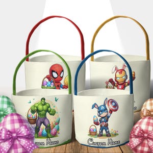 May include: Four off-white Easter baskets with colorful handles and superhero graphics. Each basket features a different character: Spider-Man, Iron Man, Hulk, and Captain America. The baskets have a customizable name area.