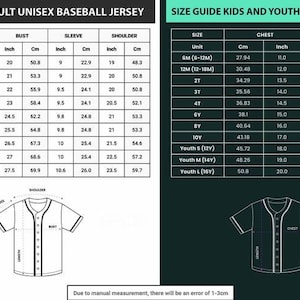 May include: Size charts for adult unisex and kids/youth baseball jerseys. The adult chart includes sizes XS to 5XL, with measurements in inches and centimeters for length, bust, sleeve, and shoulder. The kids chart provides chest and length measurements in centimeters and inches.