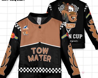 Jaqueta de beisebol infantil e juvenil Disney Car Tow Mater, jaqueta universitária adulta, jaqueta personalizada Disney, traje de time de beisebol, uniforme universitário