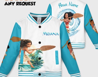 Chaqueta de béisbol de Moana personalizada: chaqueta universitaria de Disney con nombre y número personalizados para adultos, niños y jóvenes. Traje de Moana estilo universitario.