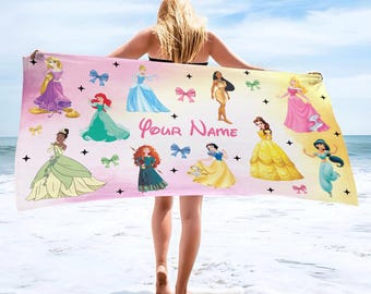 Custom Disney Princess Beach Towel, Custom Name Princess Towel, Birthday Girl Summer Vacation Gift, Bath Pool, Summer Vacation
