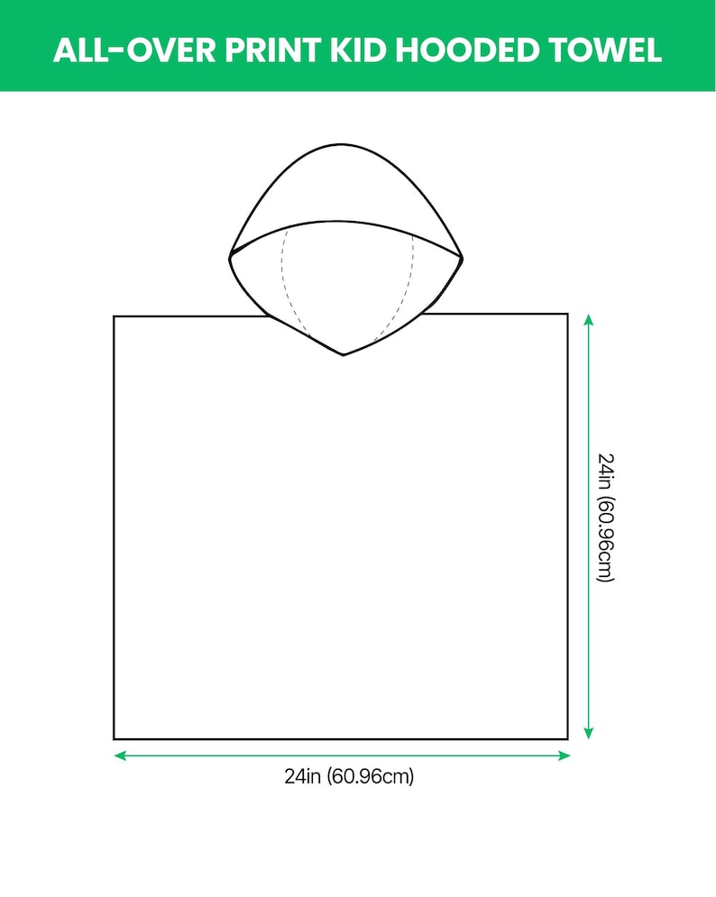 May include: White hooded towel for kids, with dimensions of 24 inches (60.96cm) by 24 inches (60.96cm). The towel features a hood and is designed for all-over print customization. The text "ALL-OVER PRINT KID HOODED TOWEL" is displayed at the top.