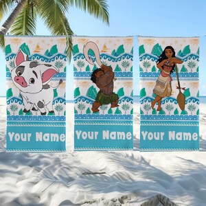 May include: Three beach towels with cartoon characters and the text "Your Name". The towels feature a pig, a muscular man, and a woman. Each towel has a white background with blue and green patterns.