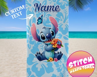 Custom Cute Stitch Floral Beach Towel, Disney Kid Towel Gift, Stitch Angel Bath Pool Towel, Disney Custom Name Towel, Disneyland Towel