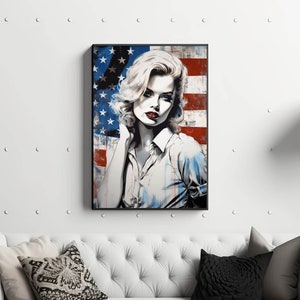 American Girl Art Print: Grunge Portrait with Flag Backdrop