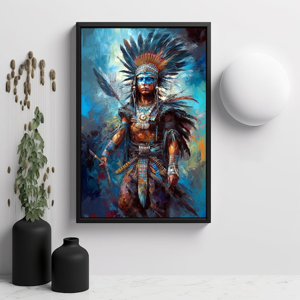 Aztec Warrior Art Print, Stunning Portrait Of A Mexica Warrior On Full War Paint. Mexican Art Print On The Best Photo Paper