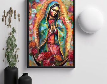 May include: A colorful painting of the Virgin Mary in a blue robe with a gold halo. She is surrounded by red roses and has her hands clasped in prayer.