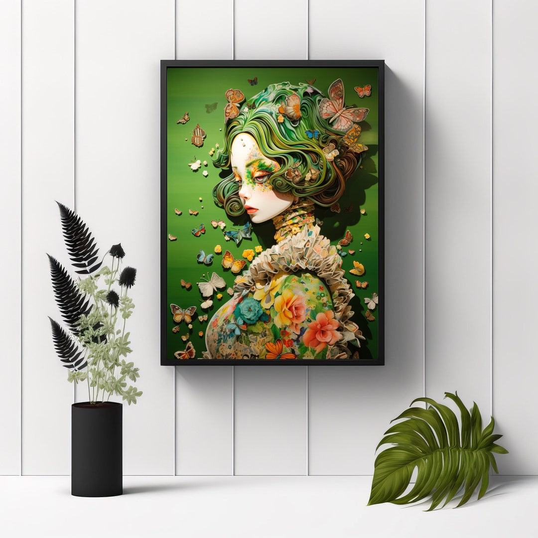 Photo Paper Poster of Girl With Butterflies Nature. Stunning Ai Art