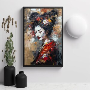 Geisha Portrait Knife Palette canvas Art Print, Stunning Portrait Of Geisha On Paper Pro Luster.