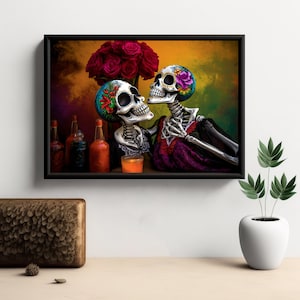 Lovers Drinking The Night Away Art Print, Stunning Representation Of Love & Friendship In The Style Of Dia De Los Muertos V4
