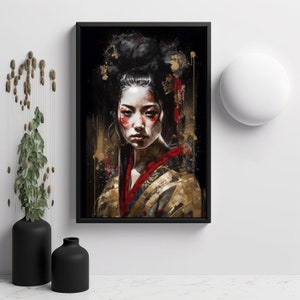 Beautiful Geisha Portrait Knife Palette canvas Art Print, Stunning Portrait Of Geisha On Paper Pro Luster.