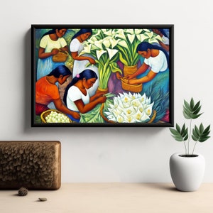 Women selling Calla Lilies Art Print, Stunning Portrait Of Indigenous Women In The Style Of Diego Rivera. Mexican Art.