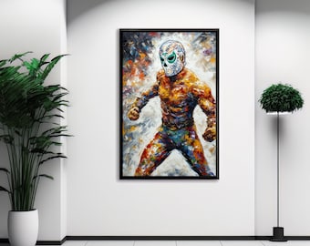 El Luchador Art Print V9, Stunning Representation Of A Masked Wrestler Evoking The Passion & Intensity Of Mexican Lucha Libre.