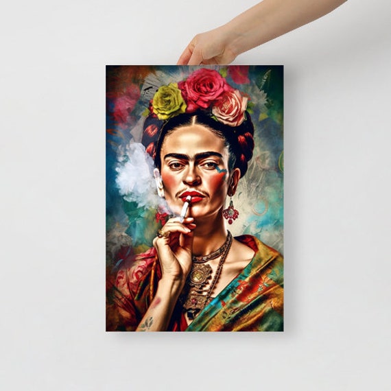 Frida Kahlo Smoking Cigar Art Print, Mexican Folk Art